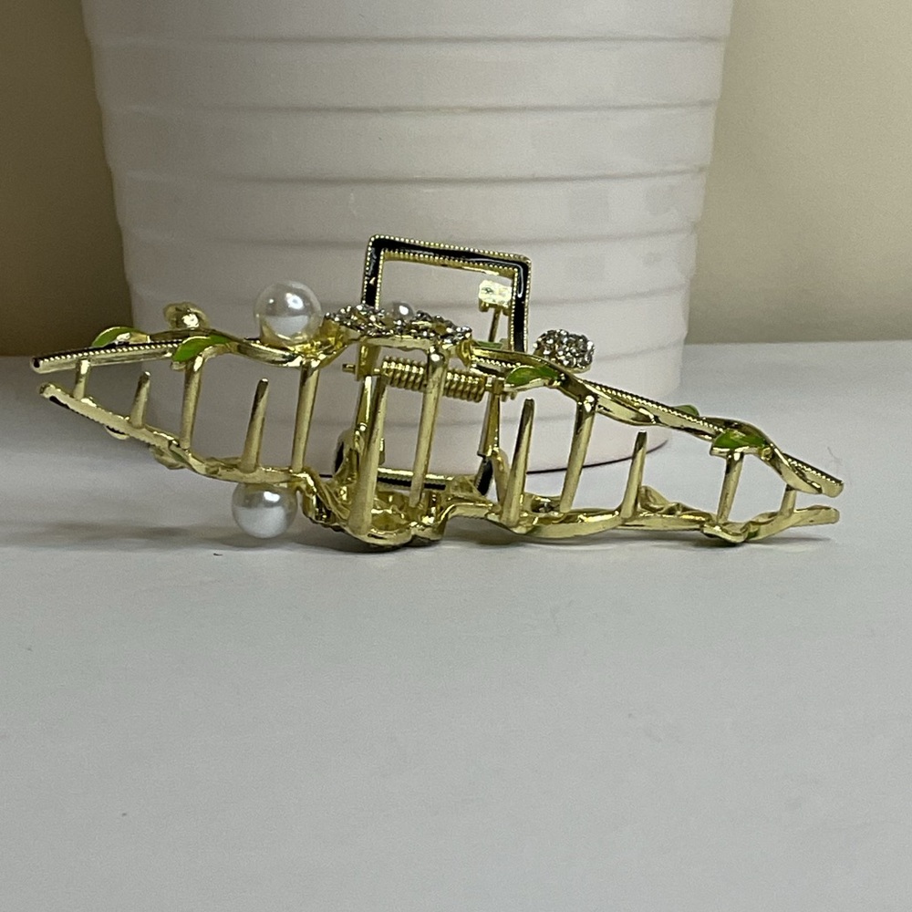 Floral Hair Clip with Pearl and Gold Accents - Picture 3 of 4
